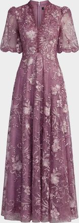 Mac Duggal Floral-Embroidered Puff A-Line Gown