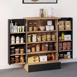 IDMarket Alto Aparador De Cocina Bajo H.90 Cm Con Unidades De Almacenamiento De Madera Y Negro