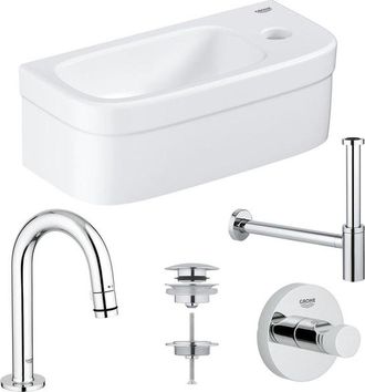 GROHE Euro fonteinset 37x18cm 1 kraangat zonder overloop gebogen chromen kraan sifon afvoerplug handdoekhaak fontein Rechthoek wit