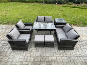 Fimous Rattan Garden Furniture Set 8 Seater Patio Outdoor Lounge Sofa Set with Rectangular Dining Table Love Seat Sofa Side Table in Dark Grey