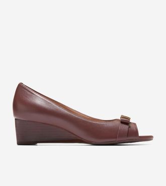 Cole Haan Womens Go-To Malta Peep Toe Bow Wedges - Brown Size 10.5