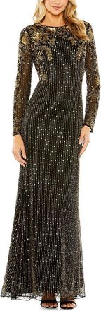 Mac Duggal High Neck Long Sleeve Embellished Mesh Gown