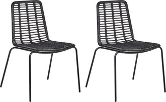 Beliani Conjunto De 2 Sillas Sin Reposabrazos Patas De Hierro Respaldo Y Asiento De Rat&aacute;n Dise&ntilde;o Vintage Boho Negro Taos