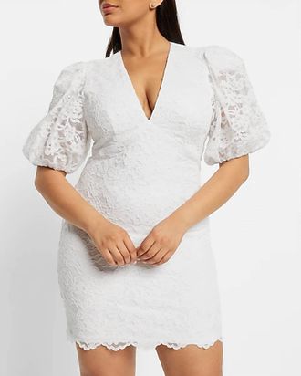 Express Bridal Lace Puff Sleeve Mini Dress In White