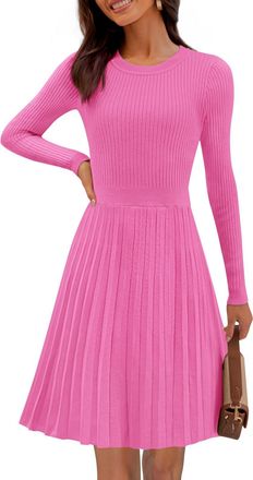 Merokeety Womens 2025 Long Sleeve Mini Sweater Dress Crewneck Ribbed Knit A Line Pleated Swing Short Dresses, Hotpink, L