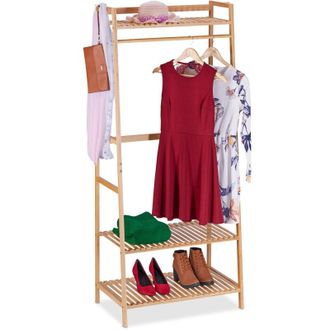 Relaxdays Clothes Rack Bamboo, hwd: 164 x 78 x 42 cm, Rail with 3 Shelves, 2 Hooks, Free-Standing, Space-Saving, Natural - Relaxdays