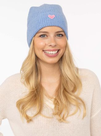 Zwillingsherz Beanie ZWILLINGSHERZ Beanie with Heart-Patch, Damen, blau (hellblau), Rippstrick, Wolle, unifarben, M&uuml;tzen Beanie, Rippstrick, mit breitem Umschlag, w
