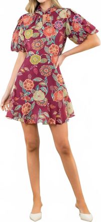 THML Clothing Puff Sleeve Floral Mini Dress In Burgundy