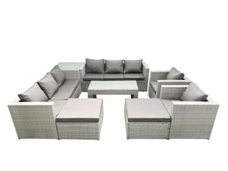 Fimous Outdoor Garden Furniture Rattan Sofa Set with 2 Armchairs Oblong Coffee Table 2 Big Footstools Side Table Light Grey Mixed