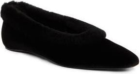 Toteme Genuine Shearling Trim Velvet Pointed Toe Ballet Flat in Black at Nordstrom Rack, Size 8Us / 38Eu