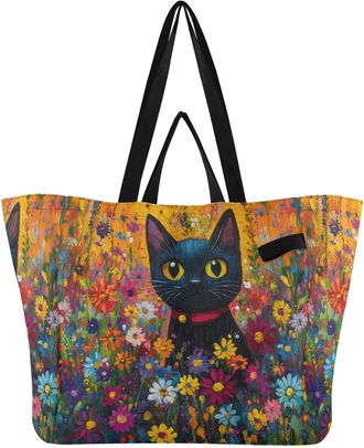Generic Cat Flowers Yellow print Reusable Canvas Tote Bag, Heavy Duty Grocery Shopping Bag with Large Capacity Double Handles Hard Bottom Work Groceries Trave