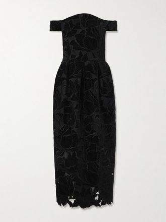Erdem Abito Midi A Spalle Scoperte In Tulle E Velluto Ricamato - Nero