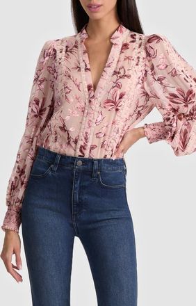 Alice & Olivia Arlette Lace Trim Floral Satin Burnout Shirt in Mystic Garden English Rose at Nordstrom, Size X-Large