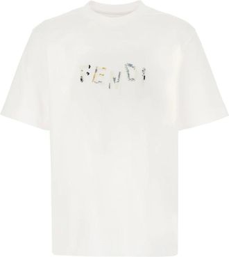 Fendi Tops, Heren, Wit, S, Katoen, T-shirt met logo op de voorkant