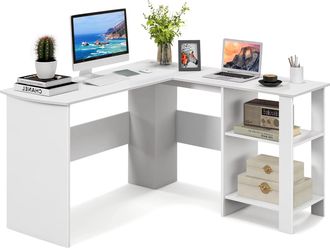 Costway Costway - Escritorio Esquinero 130 X 130 X 74 Cm, Escritorio En L Grande Con 2 Estantes Y 2 Orificios Para Cables, Mesa En L Casa Oficina Blanco
