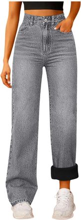 Generic Longra Fleece Lined Jeans Women Stretchy High Waisted Wide Leg Baggy Jeans for Women Winter Jean Pants Womens Casual Fleece Lined Straight Leg Winter 