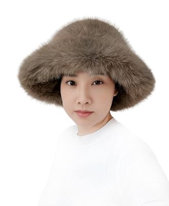 Lina & Lily Oversized Winter Faux Fur Bucket Hat for Women - Long Pile Fur Wide Moldable Brim (Khaki)