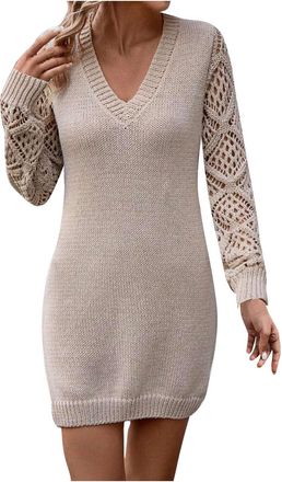 Generic Jumper Dress for Women UK Hollow Out Sexy V Neck Knitted Dress Casual Loose Solid Long Sleeve Dress Ladies Elegant Short Mini Dress Pullover Sweater K