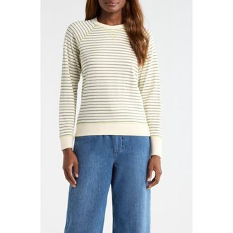 Marine Layer Stripe Reversible Raglan Sleeve Cotton Blend Sweater in Olive/White Stripe at Nordstrom, Size X-Large