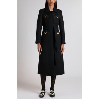 Valentino Garavani V-Detail Belted Virgin Wool & Silk Drill Coat in Black at Nordstrom, Size 6 Us