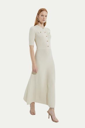 Karen Millen Rib Knit Military Trim Maxi Dress in Cream at Nordstrom, Size Medium