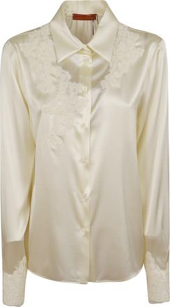 Ermanno Scervino Cream White Lace Trim Satin Shirt