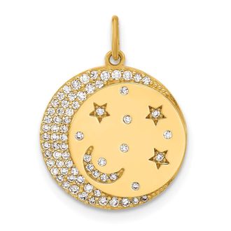 Diamond2Deal 10k Yellow Gold Polished Cubic Zirconia Moon and Stars Disc Charm Pendant