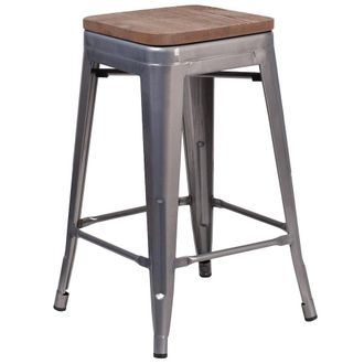Flash Furniture 24 High Backless Clear Coated Metal Counter Height Stool with Square Wood Seat