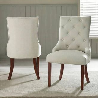 Furniturebox 2x Belgravia Beige Fabric Dining Chairs Walnut Legs