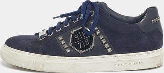 Philipp Plein Philipp Plein Navy Blue Leather And Suede Stud Embellished Lace Up Sneakers