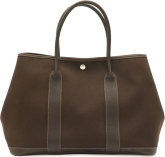 Herm&egrave;s Dark Brown Toile Officier Leather Handbag Shoulder Bag Tote Bag (Pre-Owned)