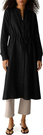 Eileen Fisher Mandarin Collar Long Sleeve Organic Linen Midi Shirtdress in Black at Nordstrom, Size X-Small