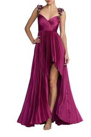 Mac Duggal Petite Pleated High Low Gown With 3D Floral Straps in Magenta at Nordstrom, Size 10P