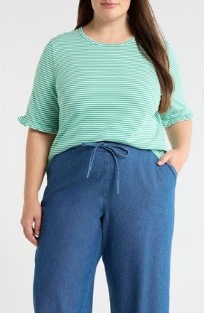 Jones New York Stripe Frill Sleeve Stretch Cotton Top in Kelly/Natural White at Nordstrom, Size 3X