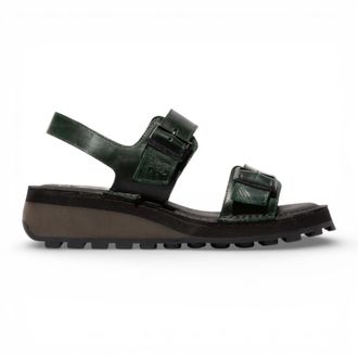 FLY London Fly London Womens HEIF558FLY Petrol Green Leather Wedge Buckle Sandals