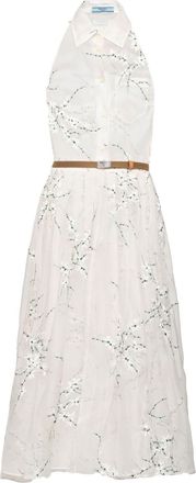 Prada bloemen geborduurde zijden midi-jurk