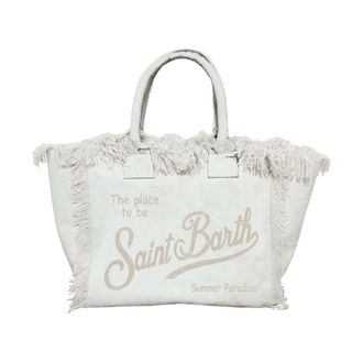 MC2 Saint Barth Tote Bags, female, White, Size: ONE SIZE Fringed Cotton Canvas Shoulder Bag