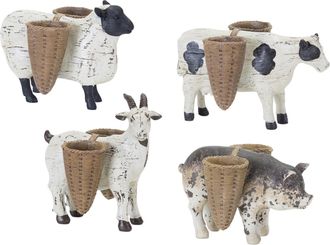 Melrose International Farm Animal Figurine with Basket Vase (Set of 4) - Brown, White, Black