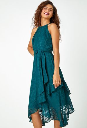 Roman Textured Chiffon Halterneck Midi Dress