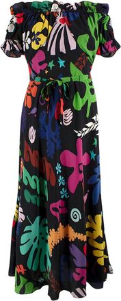 Rixo Black Multicolour Pattern Silk Bardot Maxi Dress Size M