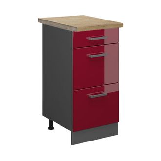 Vicco Mueble Bajo De Cocina R-line, Rojo Burdeos Alto Brillo, 40 Cm Con Cajones, Et Roble Vicco