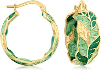 Ross-Simons Italian Green Enamel Leaf Vine Hoop Earrings in 14kt Yellow Gold