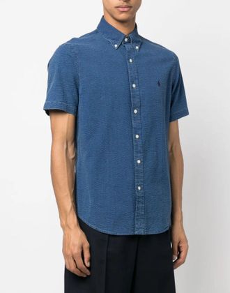 Polo Ralph Lauren Mens Seersucker Logo Short Sleeve Shirt Blue Clothing > Polo & T-Shirts