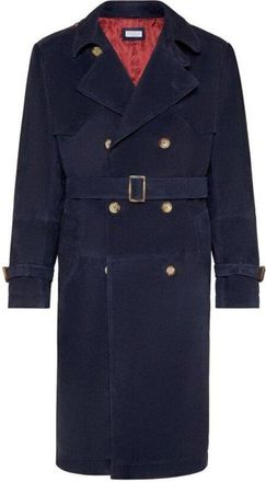 Brunello Cucinelli Navy Leather Double-Breasted Trench Coat, Size Medium