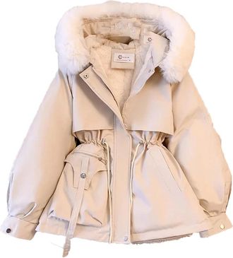 Generic Womens Winter Down Cotton Thicken Hooded Coat Loose Warm Wool Overcoat Detachable Pai Overcomes Beige M