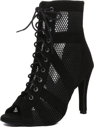 Minitoo Ladies Dance Boots Heels Elegant Mesh Prom Evening Ankle Sandals Shoes C002 Black 9.8cm Heel UK 4.5