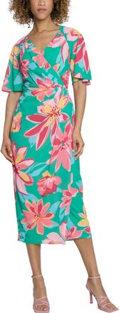 Maggy London Floral Flutter Sleeve Faux-Wrap Dress In Green Coral