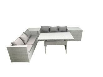 Fimous Rattan Garden Furniture Set 6 Seater Outdoor Sofa Set with Dining Table 2 Side Tables Light Grey Mixed