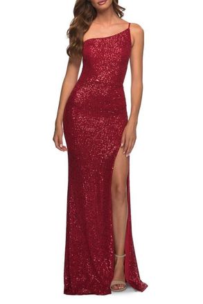 La Femme Simple One Shoulder Long Sequin Evening Gown in Red at Nordstrom, Size 14