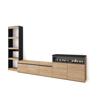 Skraut Home Skraut Home - Muebles De Sal&oacute;n Para Tv, Conjunto De Muebles Comedor, 310x186x35cm, Para Tv Hasta 65, Chimenea El&eacute;ctrica, Estilo Moderno, Roble Y Negro